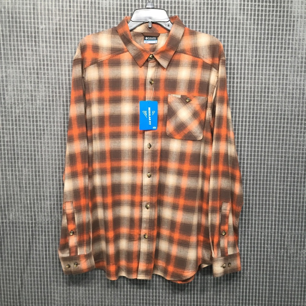 Columbia PHG Mens Orange Brown Plaid Flannel Shirt Regular Fit Long Sleeve L NWT